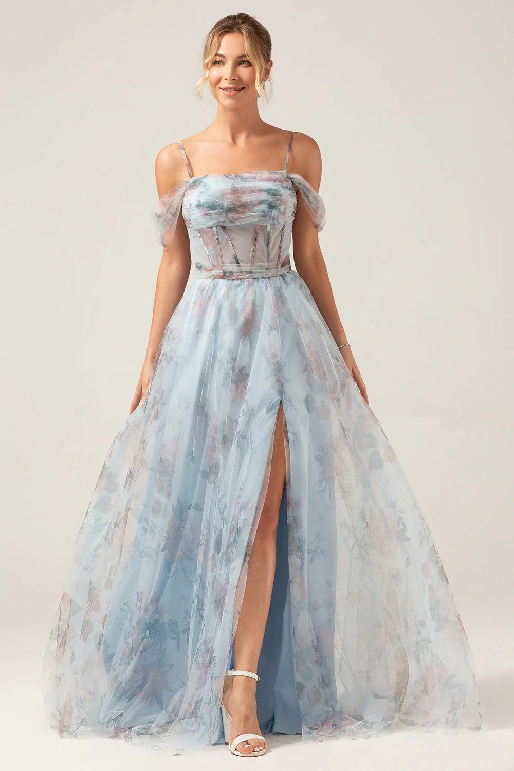 Cold Shoulder A-Line Blue Printed Long Corset Prom Dress with Slit - JUORTHO