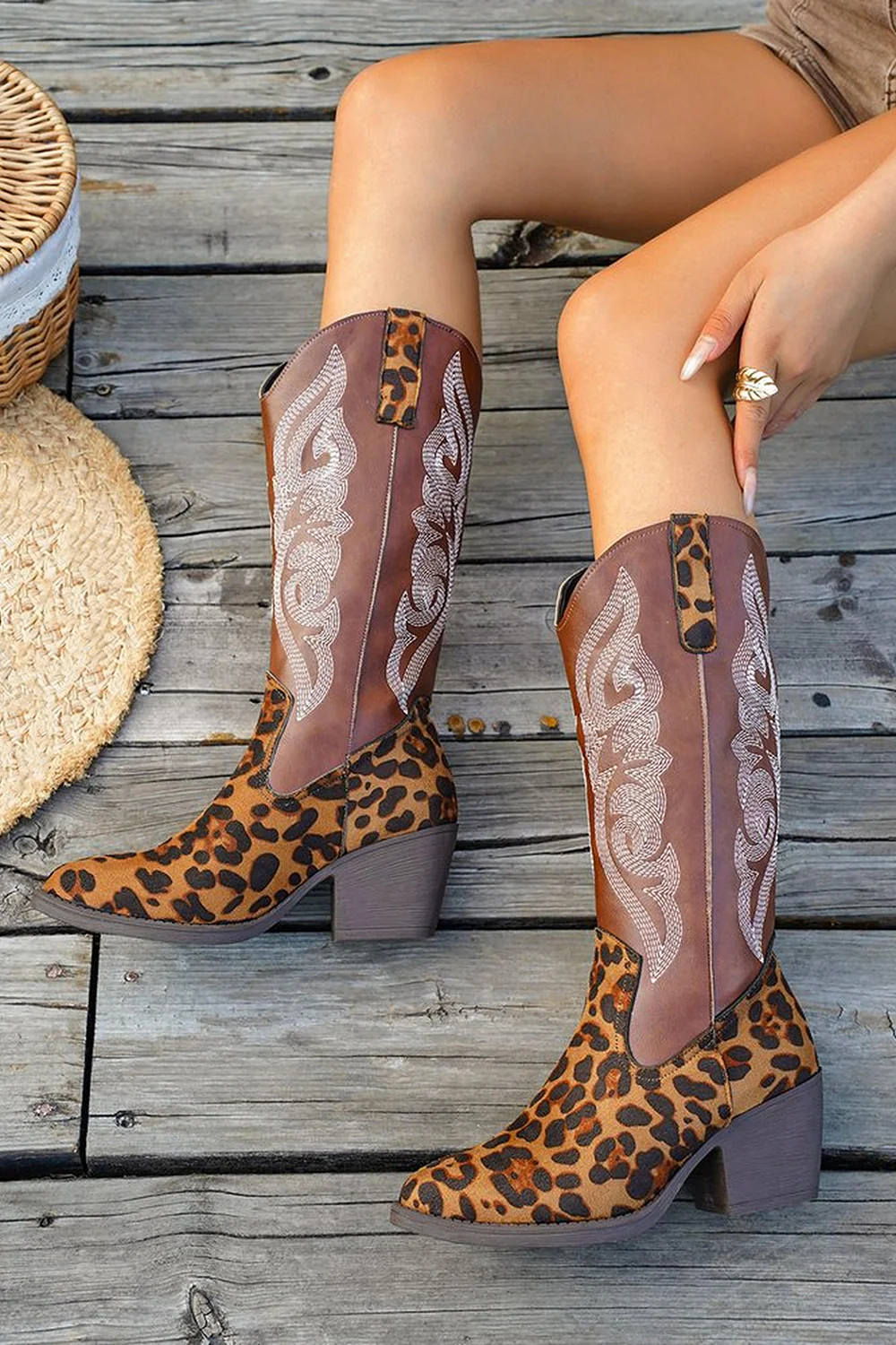 Brown Leopard Wide Calf Western Cowgirl Pointed Toe Chunky Heel Boots - JUORTHO