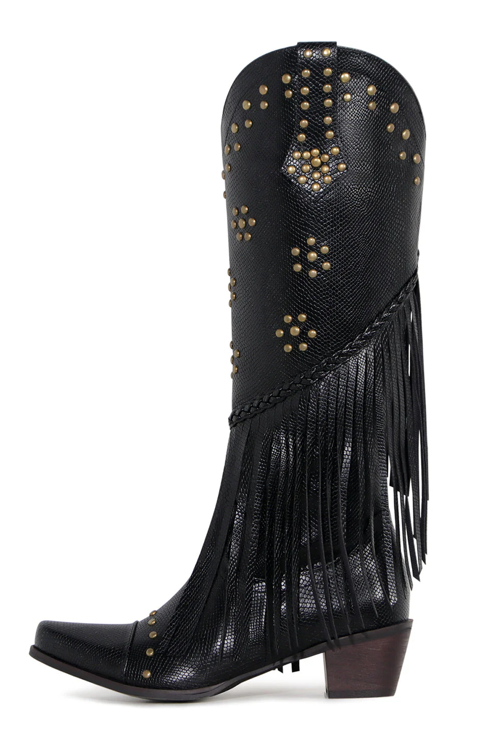 Women's Black Beaded Fringes Pointed Toe Chunky Hell Boots - JUORTHO