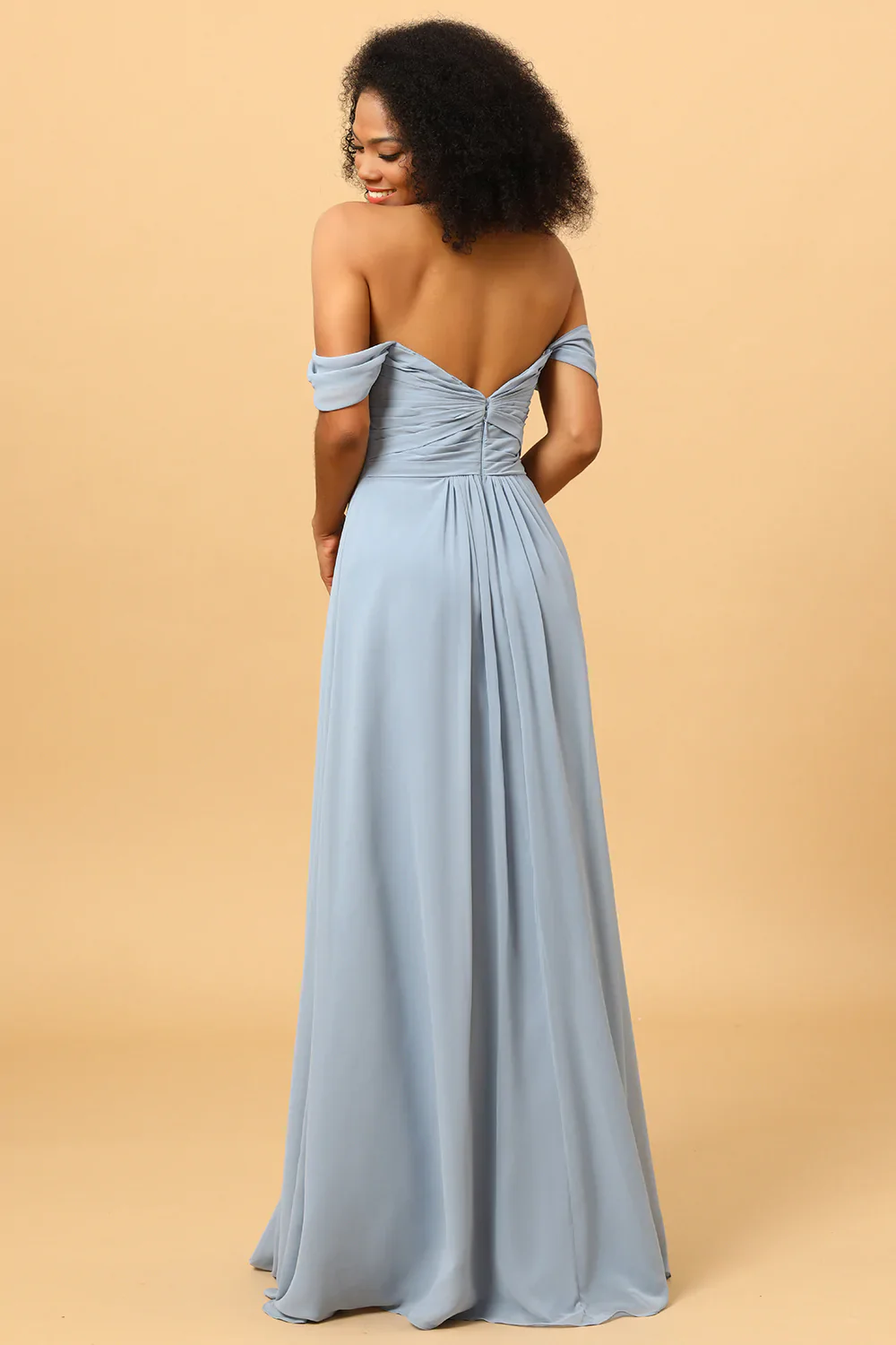 Off Shoulder Chiffon Blue Bridesmaid Dress with Slit - JUORTHO
