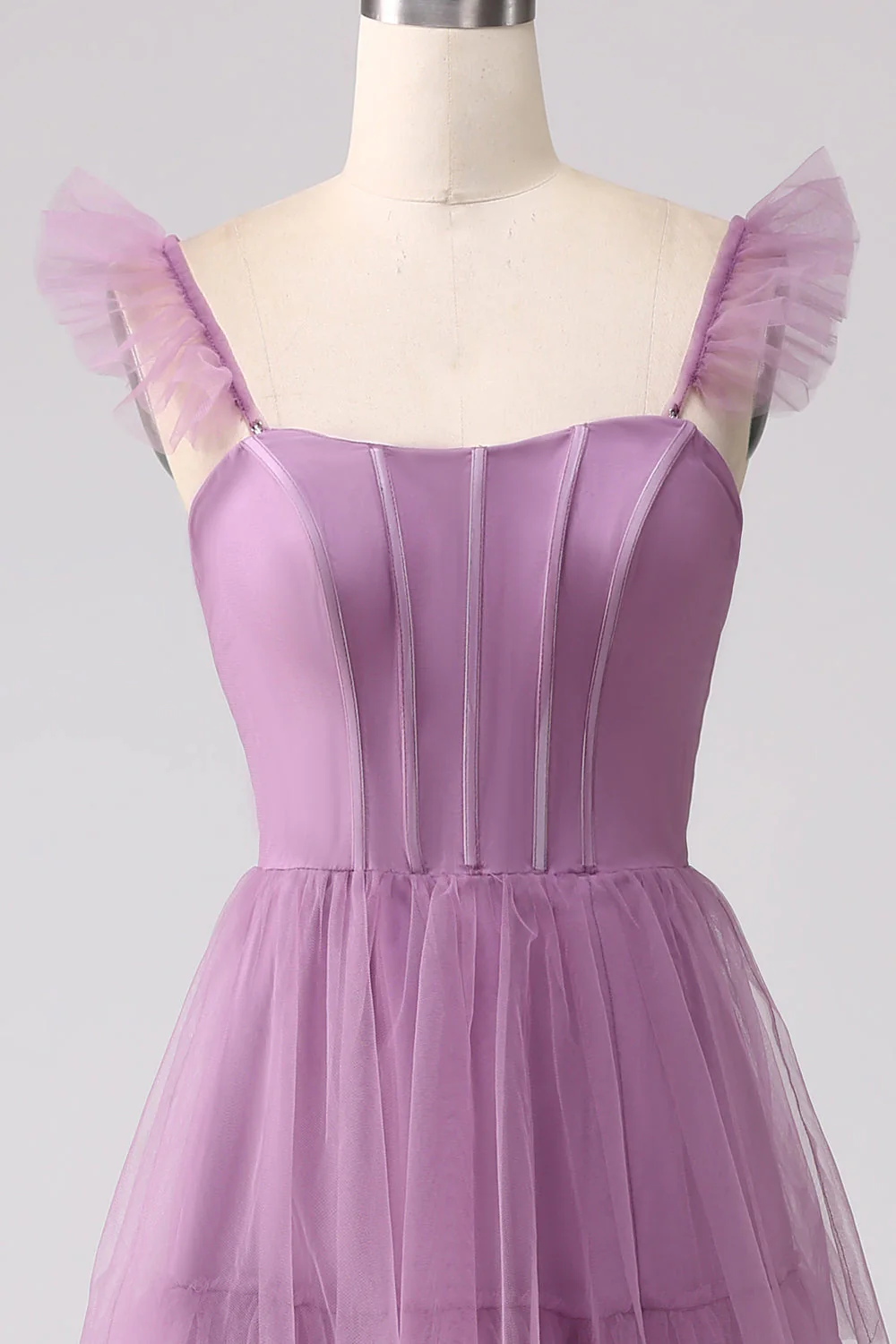 Purple A Line Tulle Tiered Pleated Long Prom Dress with Slit - JUORTHO