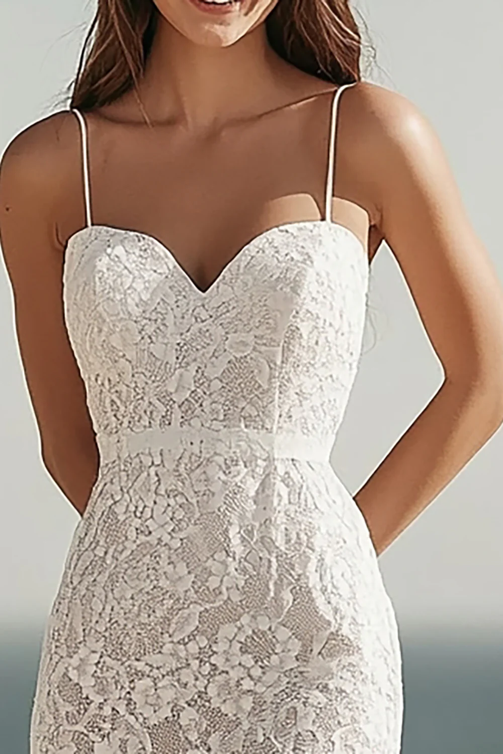 Ivory Lace Bodycon Midi Engagemnt Dress with Slit - JUORTHO