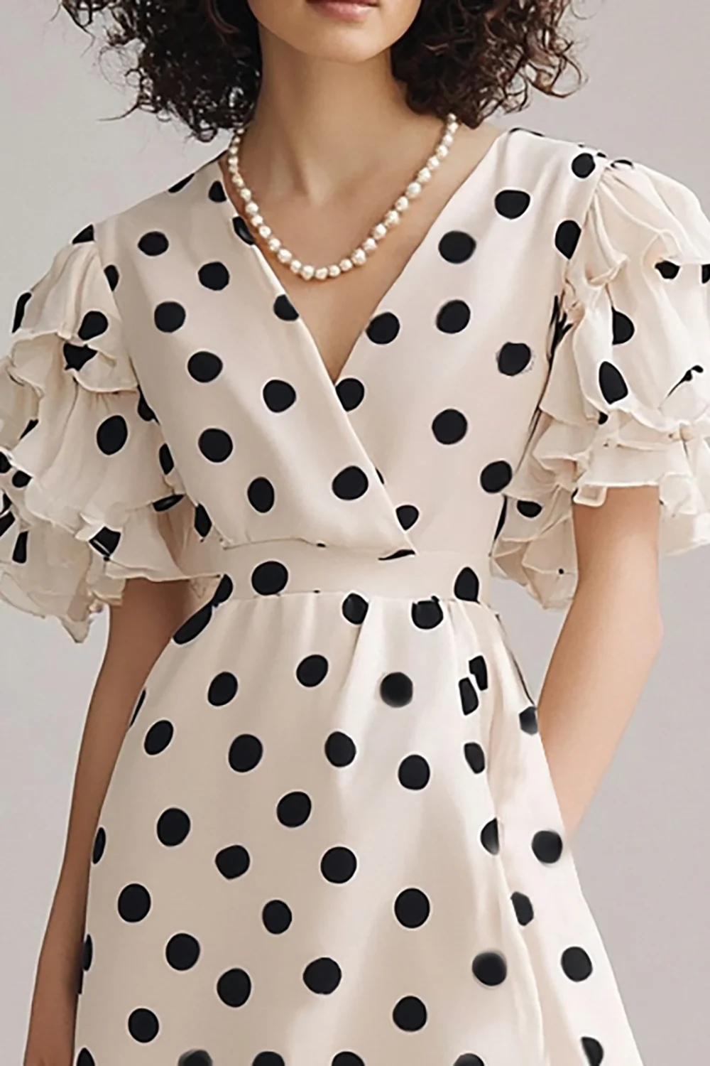Black and White Chiffon V-Neck A Line Maxi Boho Polka Dot Dress with Ruffles - JUORTHO