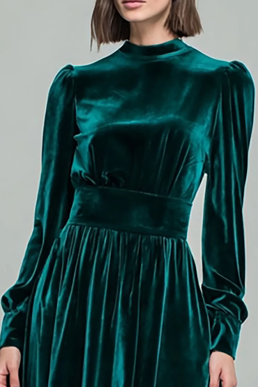 Peacock Green A Line Velvet Long Holiday Party Dress with Sleeves - JUORTHO