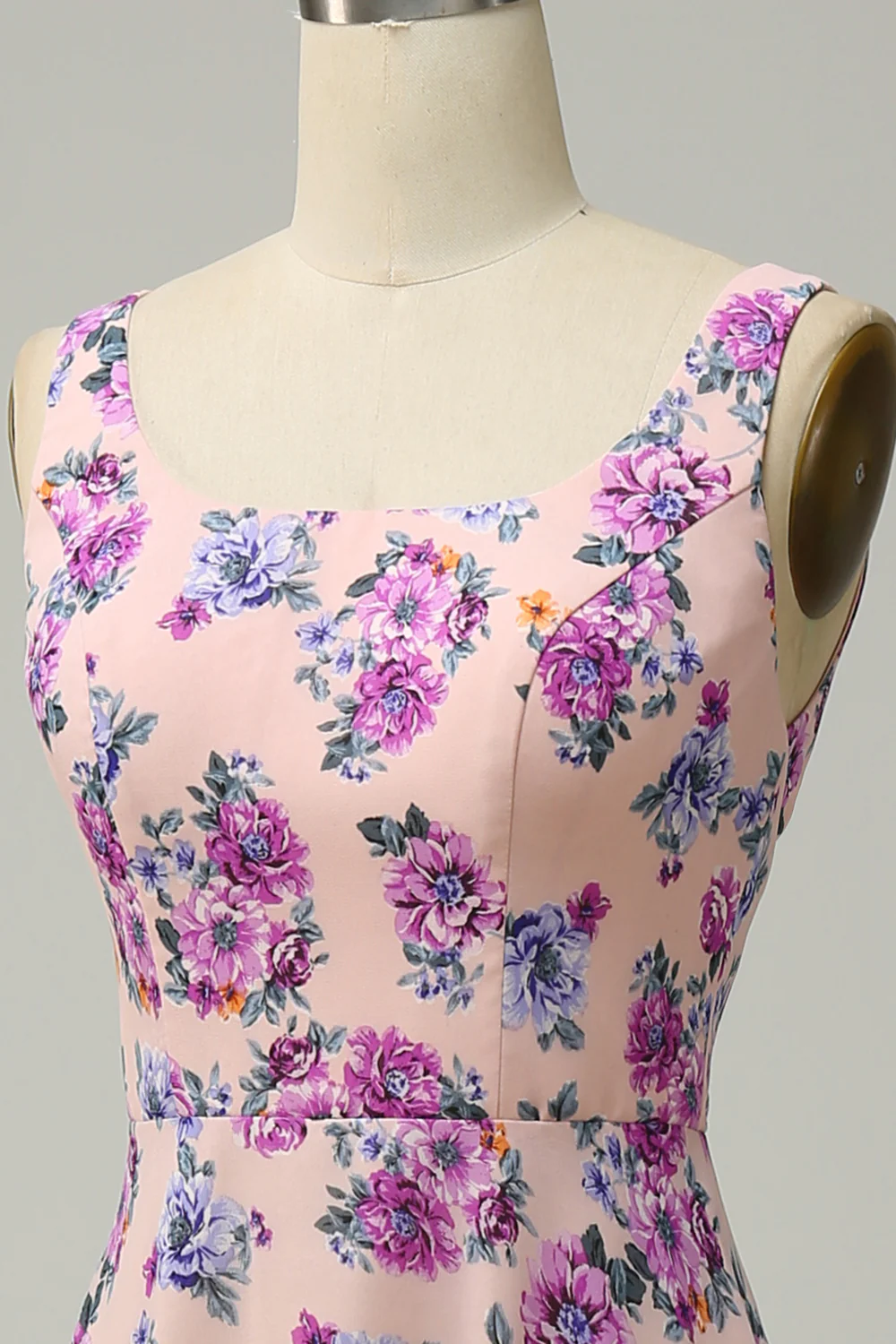 A Line Square Neck Green Floral Long Bridesmaid Dress with Open Back - JUORTHO