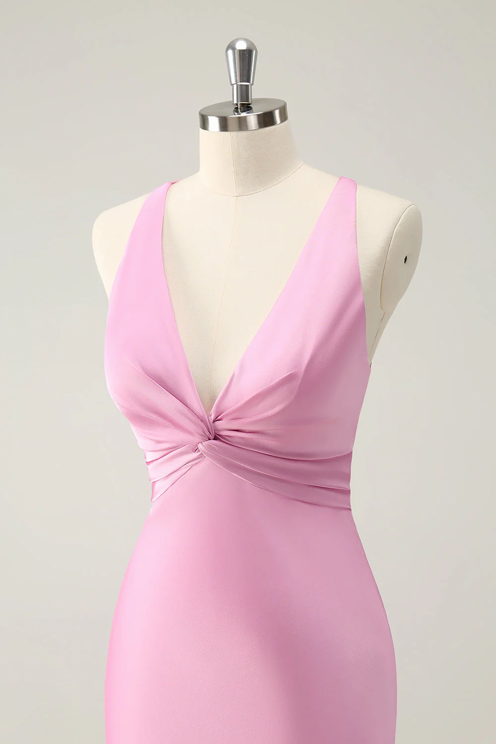Pink Mermaid V Neck Satin Long Bridesmaid Dress - JUORTHO
