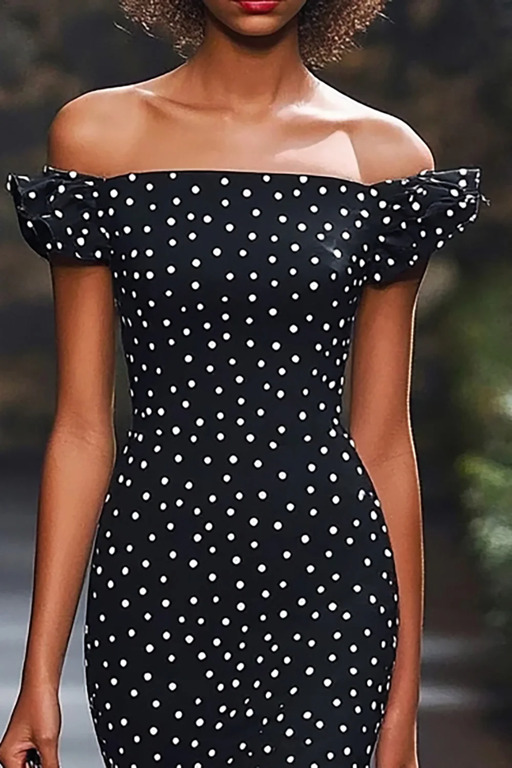 Mermaid Black and White Satin Off the Shoulder Boho Maxi Polka Dot Dress - JUORTHO