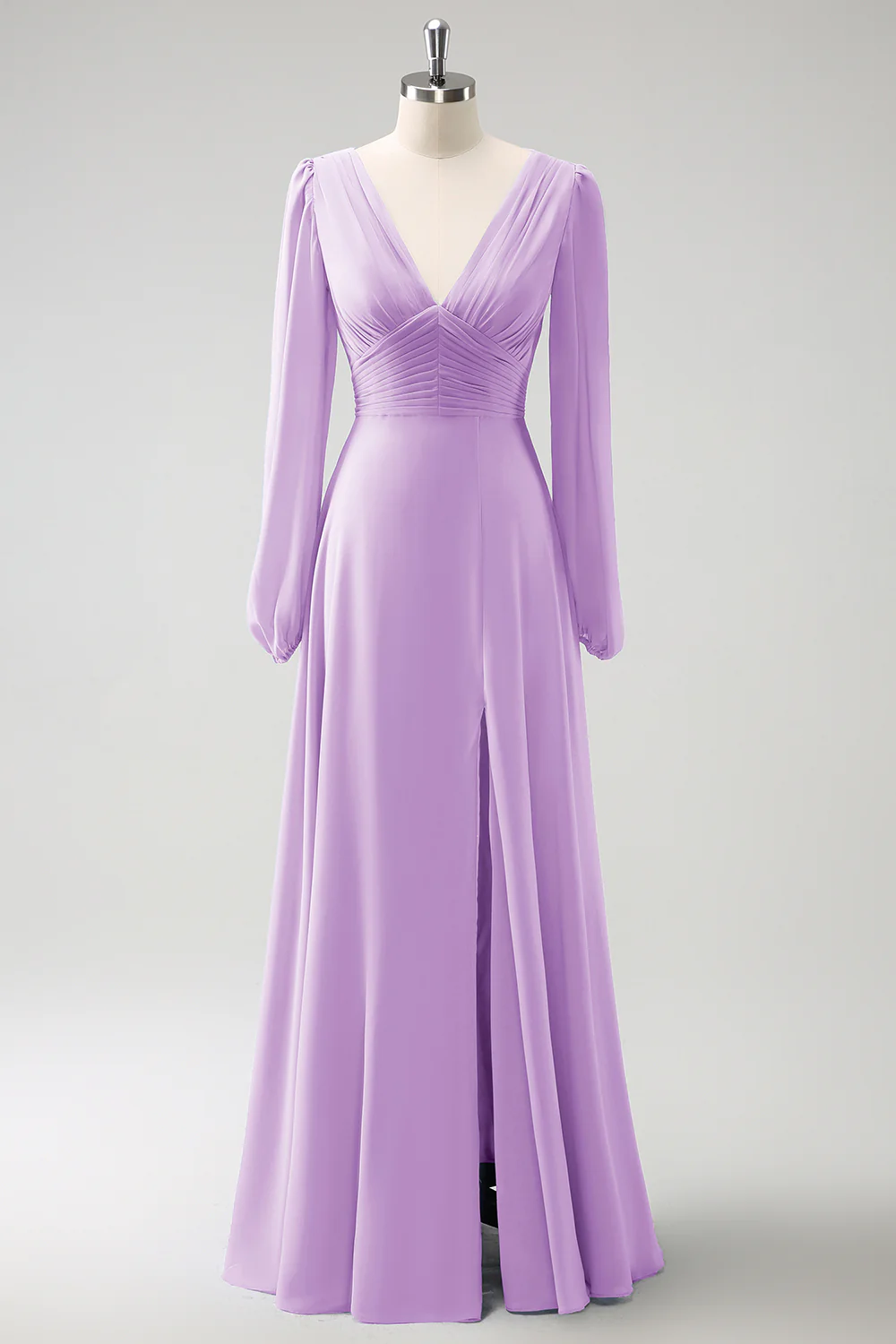 A Line Grey Blue V-Nack Chiffon Bridesmaid Dress with Long Sleeves - JUORTHO