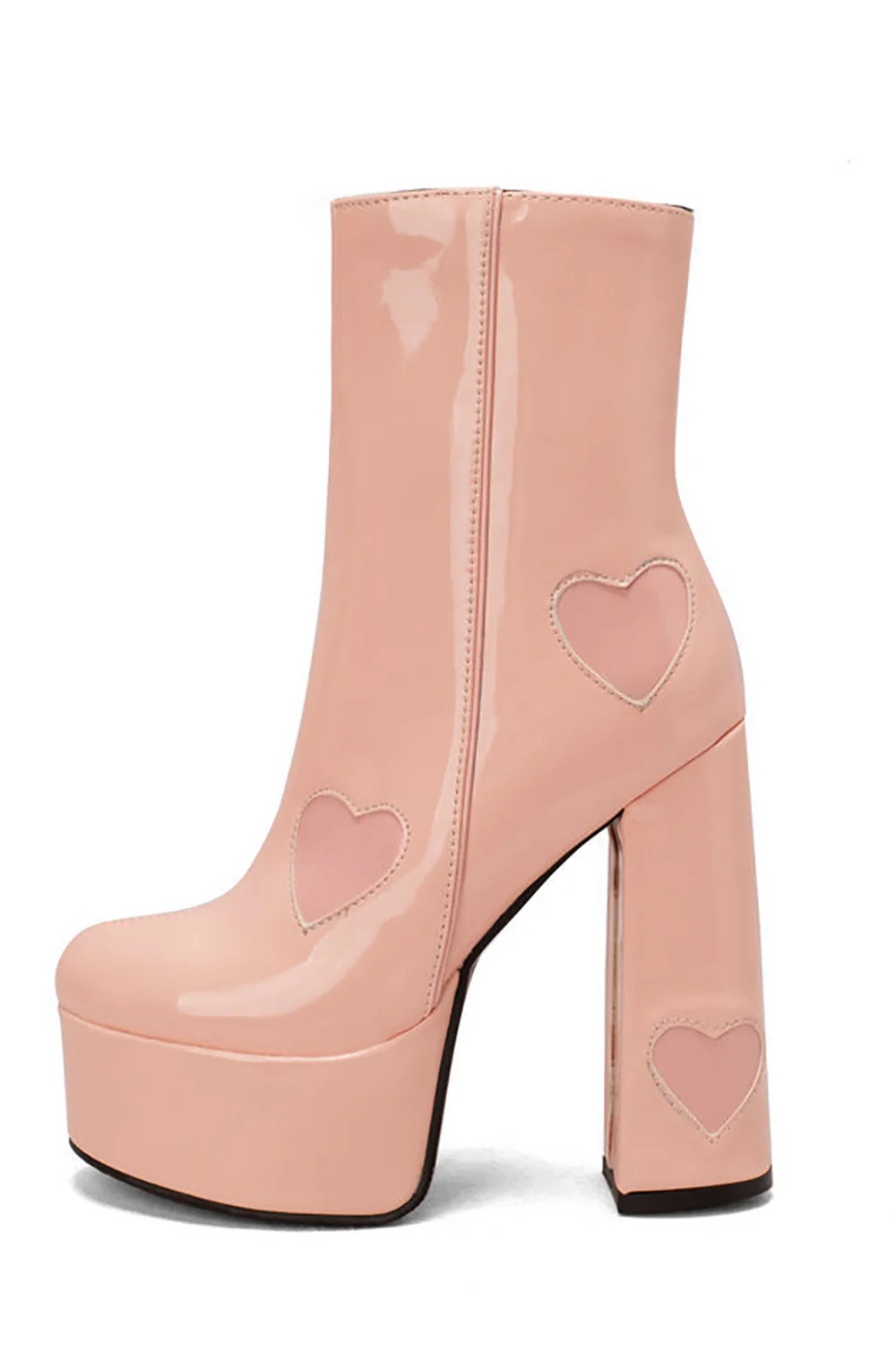 Black PU Leather Platform Chunky Block High Heel Boots with Pink Hearts - JUORTHO