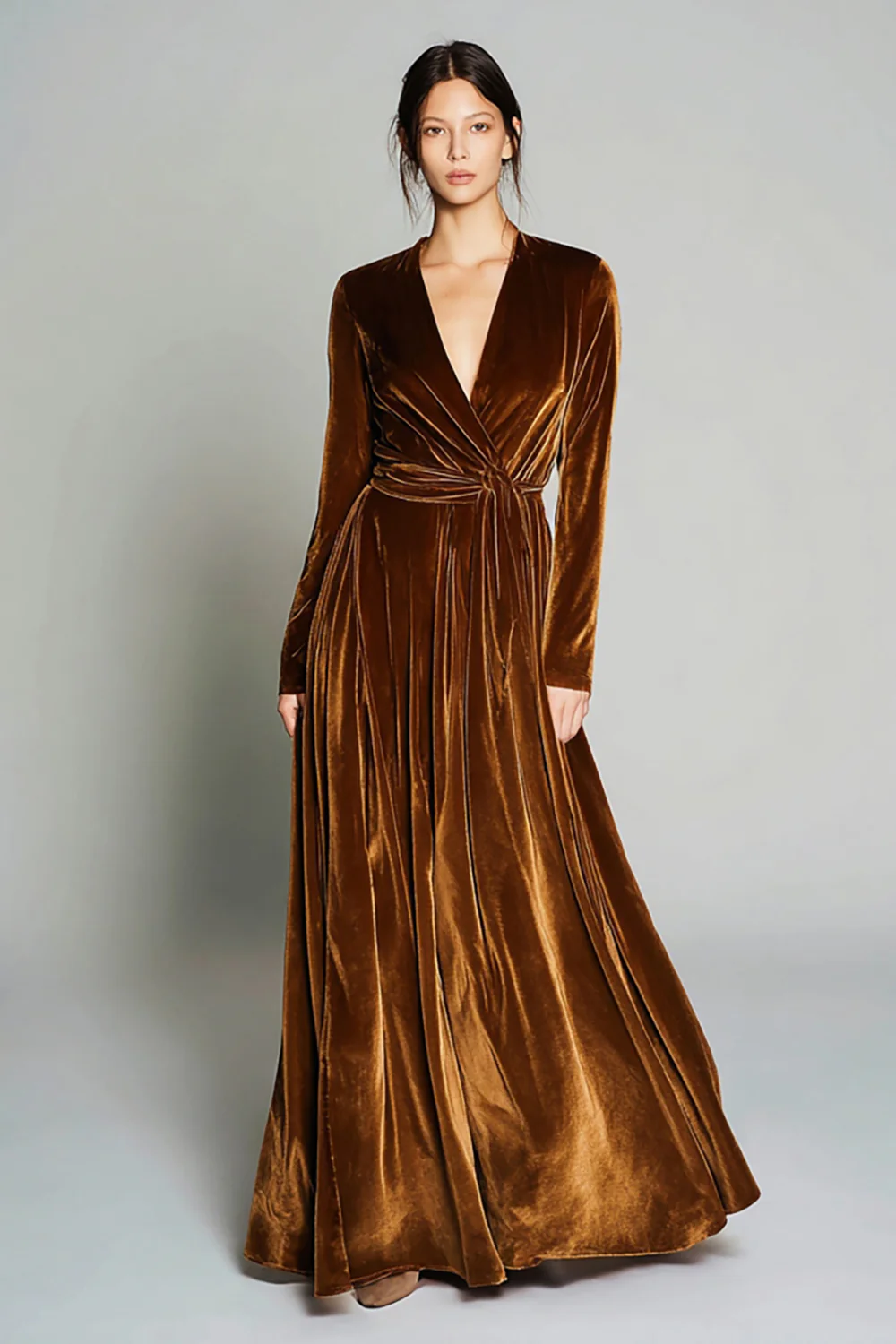 Brown Velvet A Line Pleated Long Sleeves Holiday Party Dress - JUORTHO