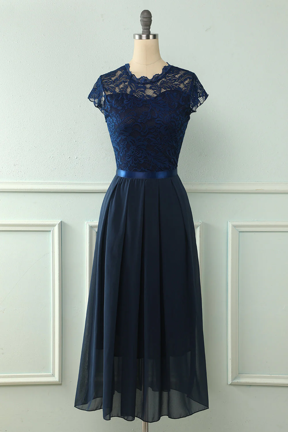 Navy Midi Lace Bridesmaid Dress - JUORTHO