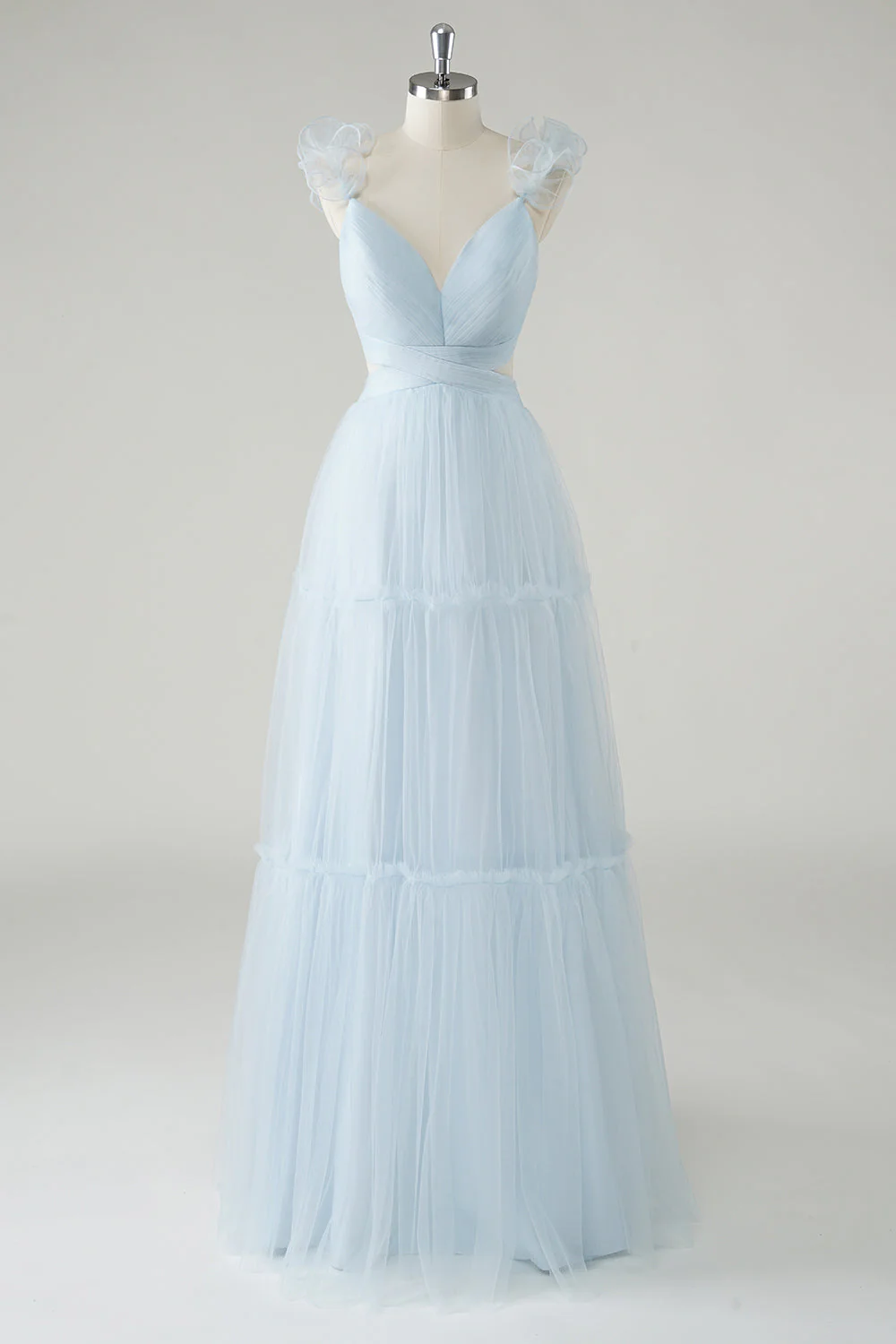 Sky Blue A-Line Ruffles Straps V-Neck Tulle Long Bridesmaid Dress - JUORTHO
