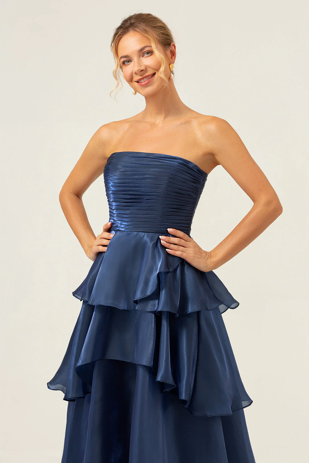 Dark Navy A Line Strapless Tiered Satin Long Bridesmaid Dress - JUORTHO
