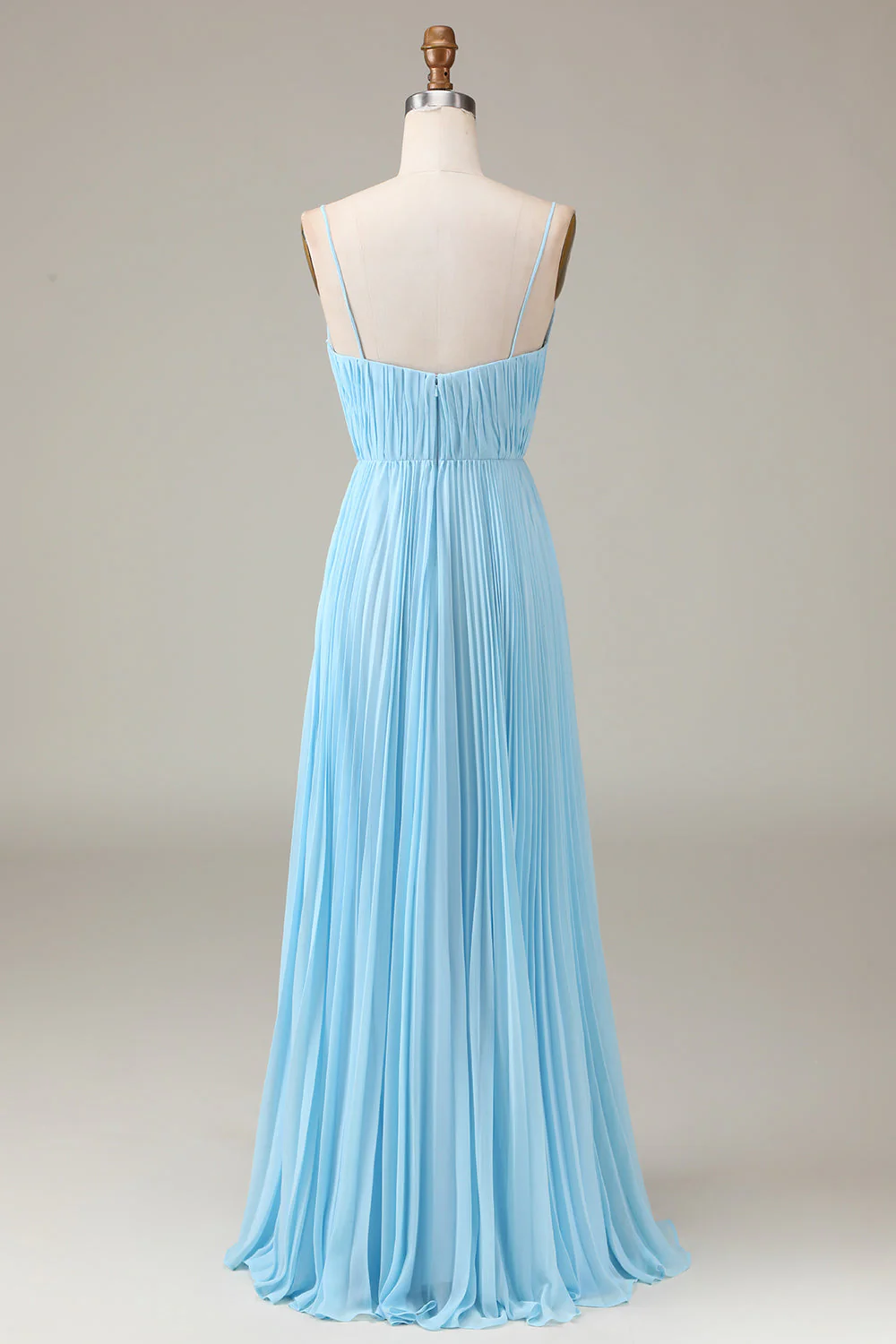 Sky Blue Spaghetti Straps V-neck A-line Pleated Chiffon Bridesmaid Dress - JUORTHO