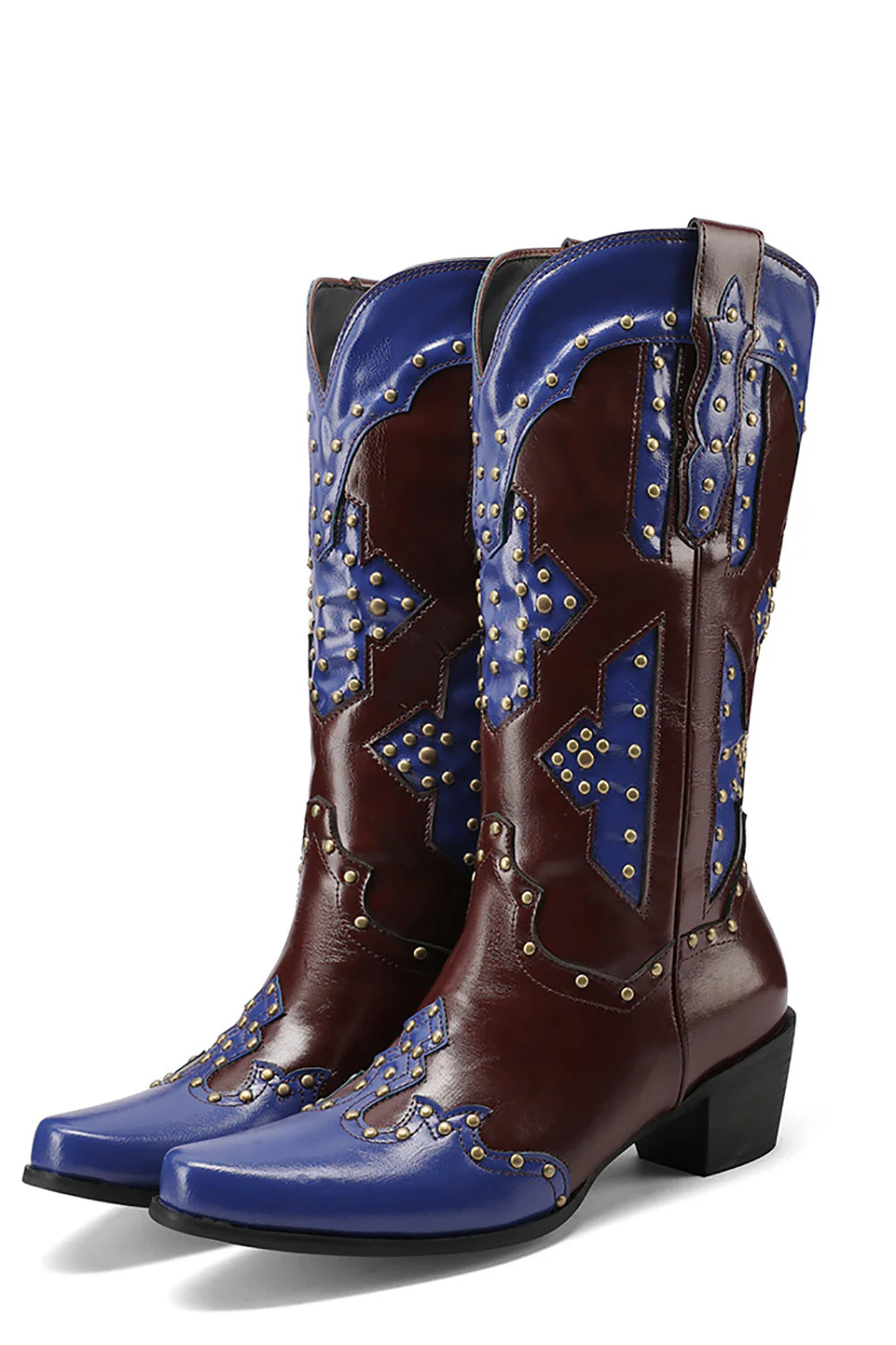 Women's Embroidered Blue Pointed Toe Calf High Cowgirl Boots - JUORTHO