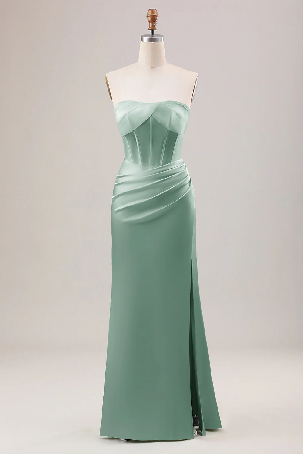 Sheath Corset Strapless Long Green Bridesmaid Dress With Slit - JUORTHO