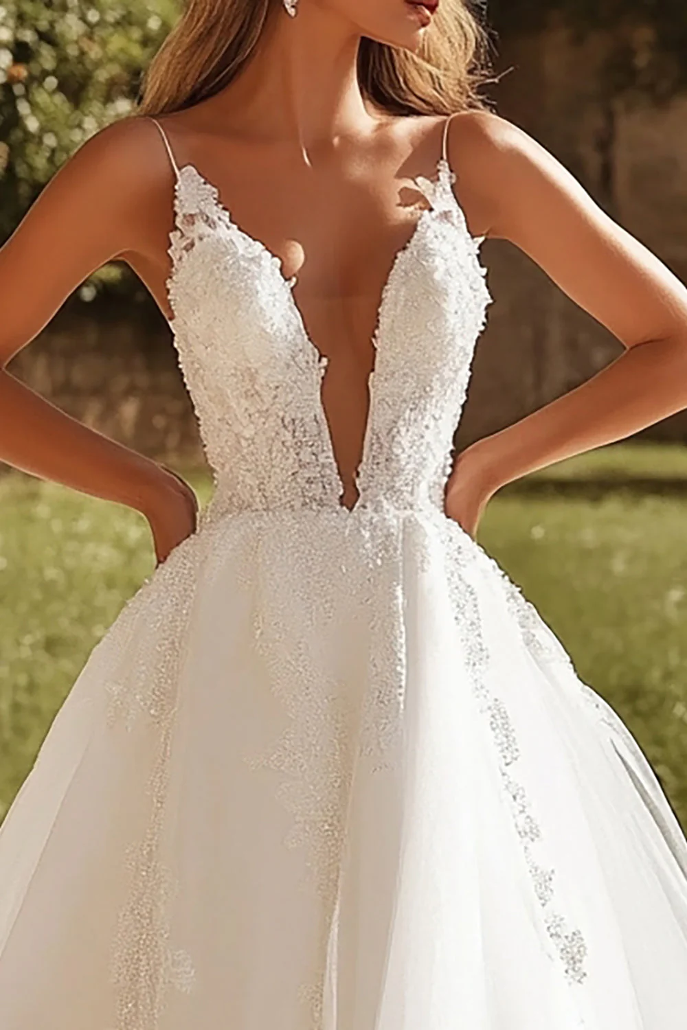 Charming Ivory A Line Tulle Wedding Dress with Lace Appliques - JUORTHO