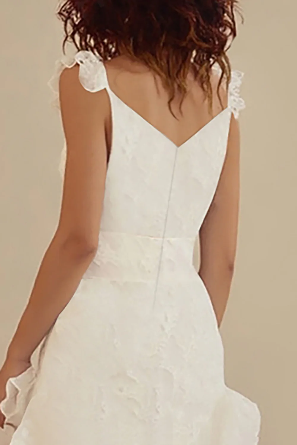 White V-Neck A-Line Lace Long Little White Dress with Ruffles - JUORTHO