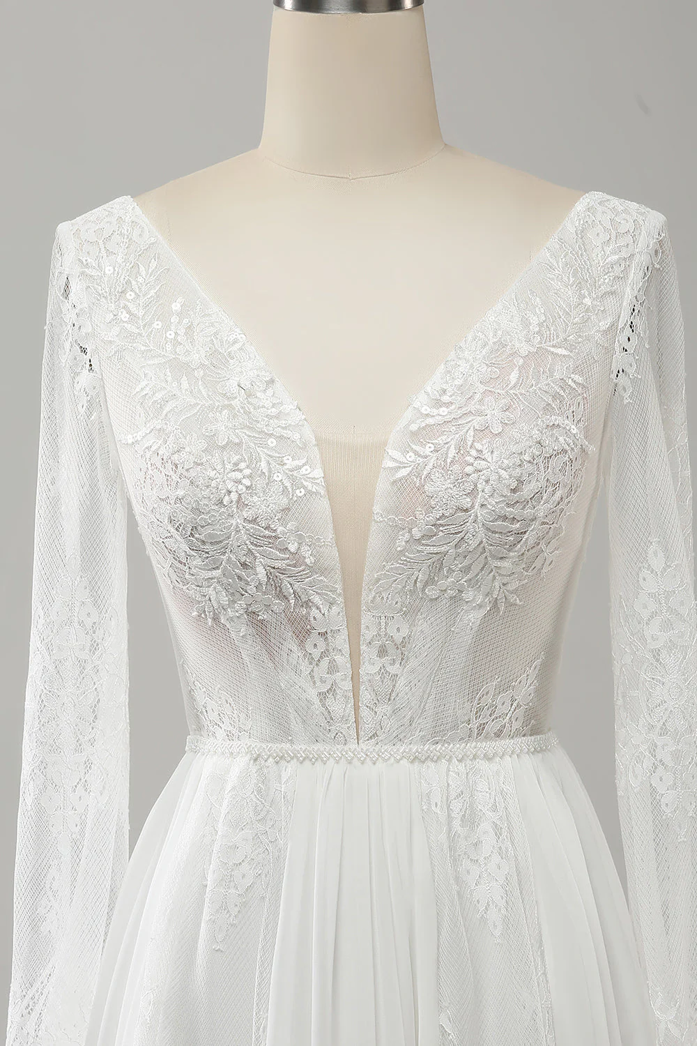 A Line V Neck Long Sleeve Beach Boho Wedding Dress with Lace Appliqued - JUORTHO
