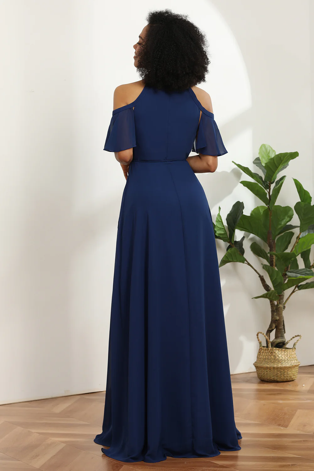 A-line Navy Chiffon Long Bridesmaid Dress - JUORTHO