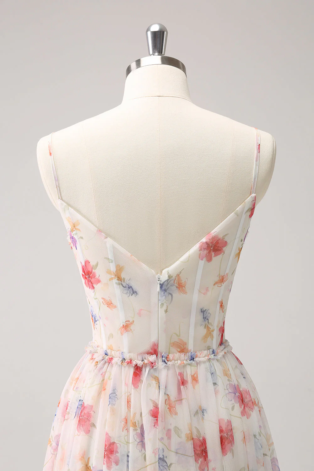 White Red Floral Corset A-Line Spaghetti Straps Long Bridesmaid Dress - JUORTHO