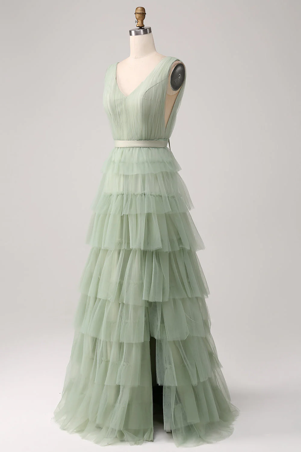 Pleated Tiered Green Prom Dress with Slit - JUORTHO