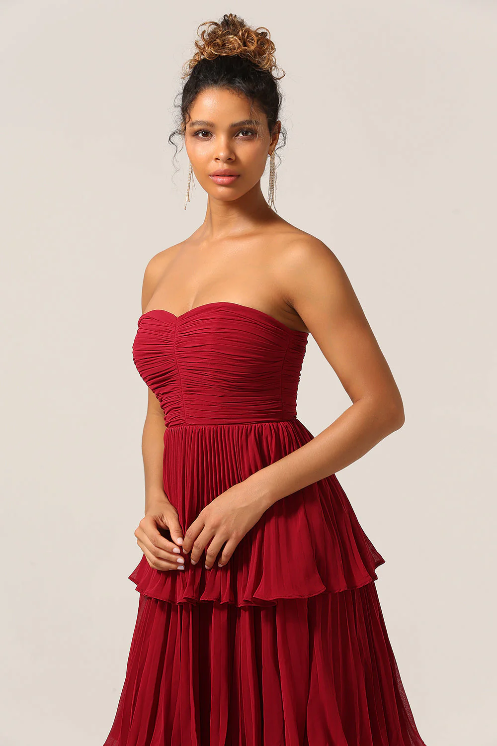 Charming A Line Strapless Burgudy Long Bridesmaid Dress with Ruffles - JUORTHO
