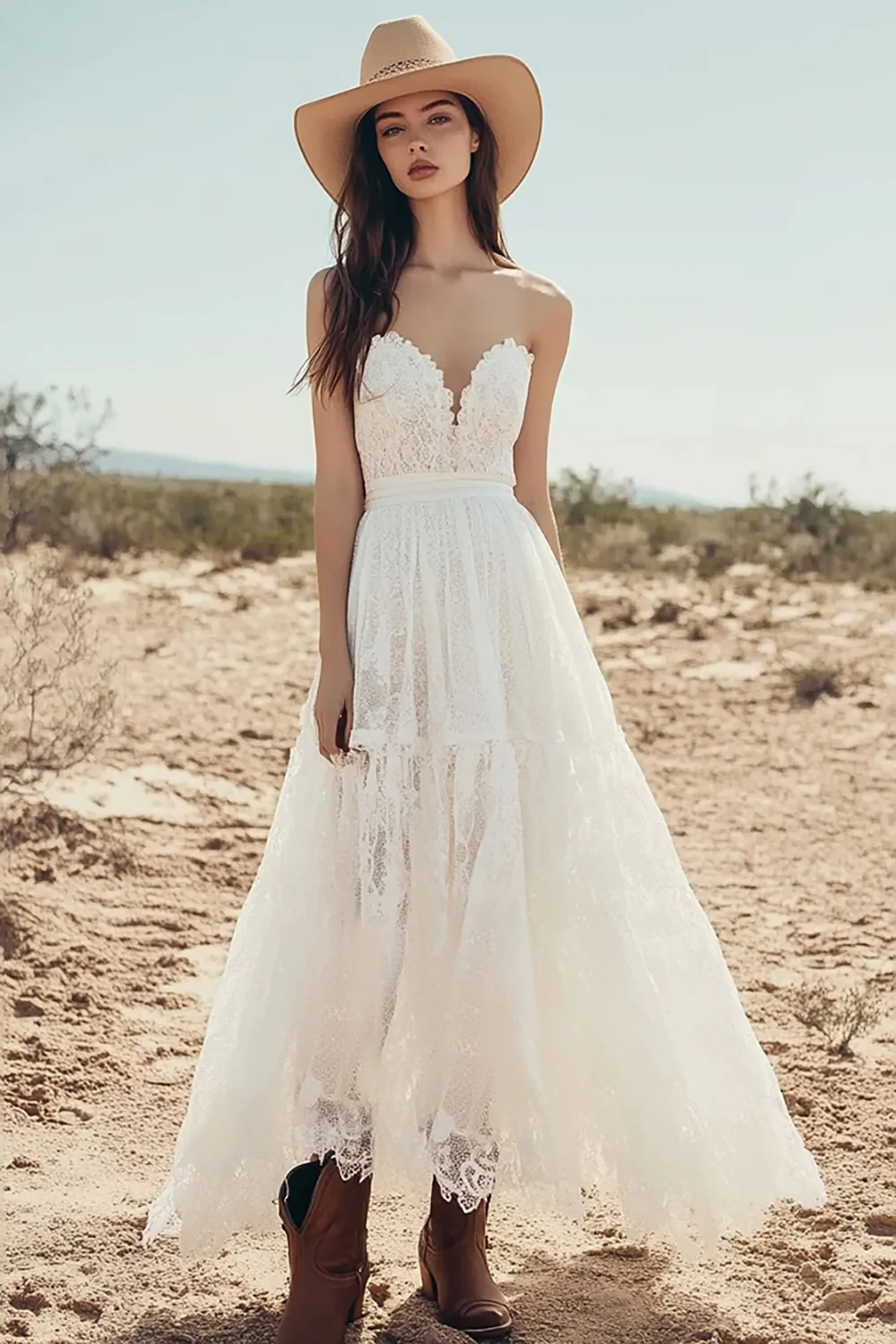 Ivory Lace Sweetheart A Line Maxi Boho Western Wedding Dress - JUORTHO