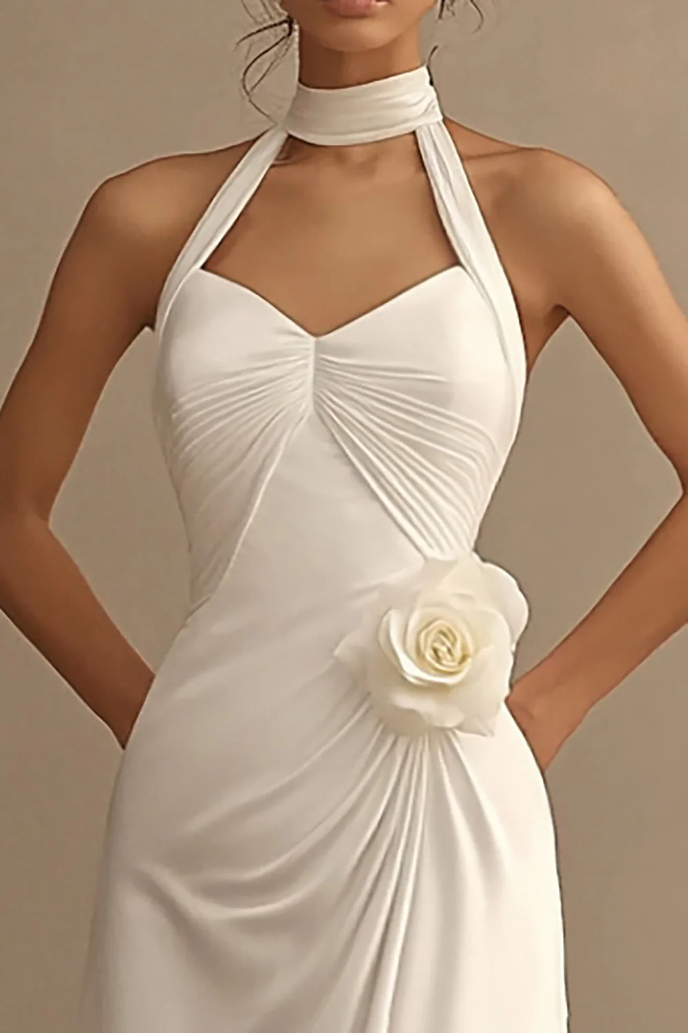 White A Line Chiffon Long Rehearsal Dinner Dress with 3D Flower - JUORTHO