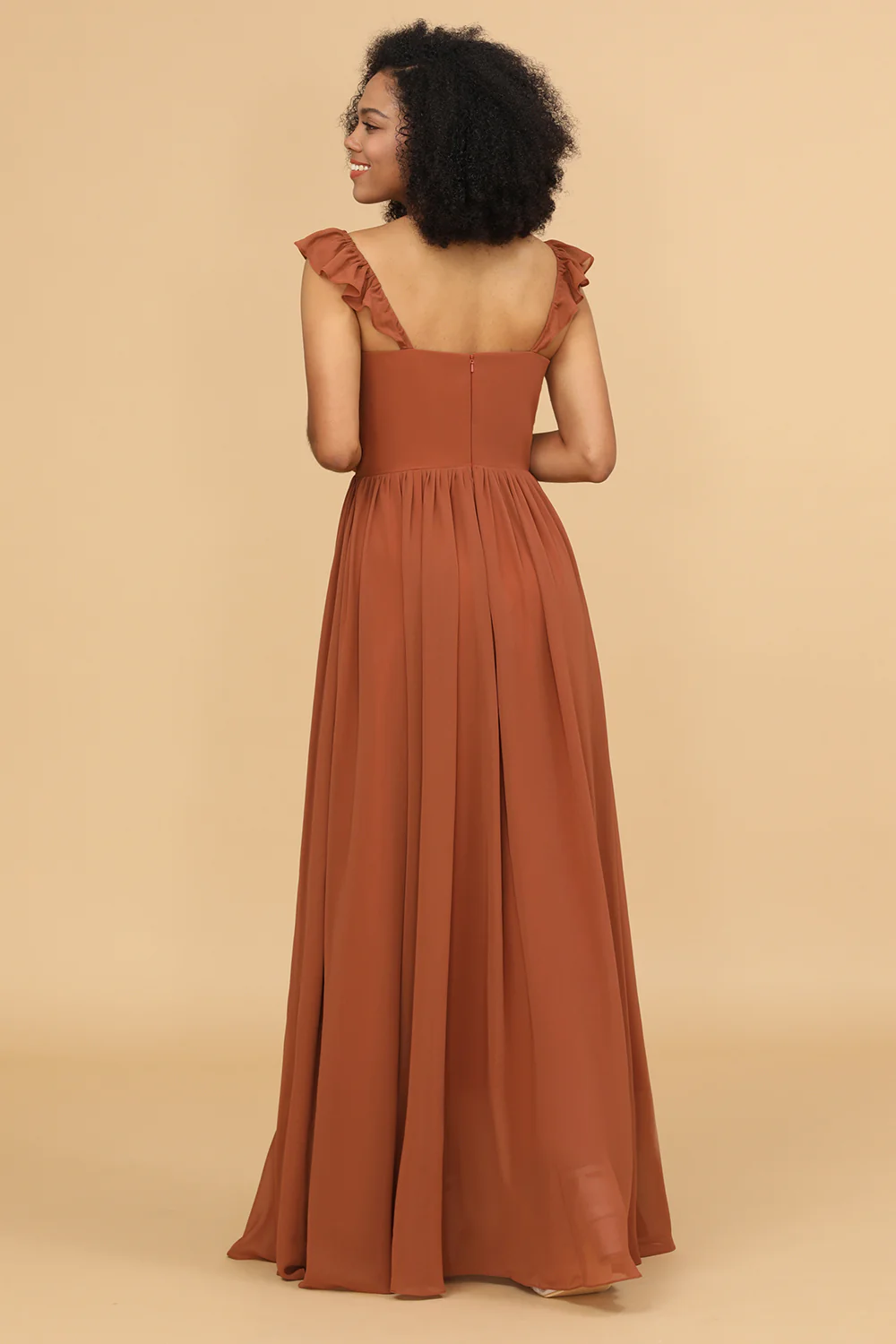 Terracotta A-line Straps Chiffon Bridesmaid Dress - JUORTHO