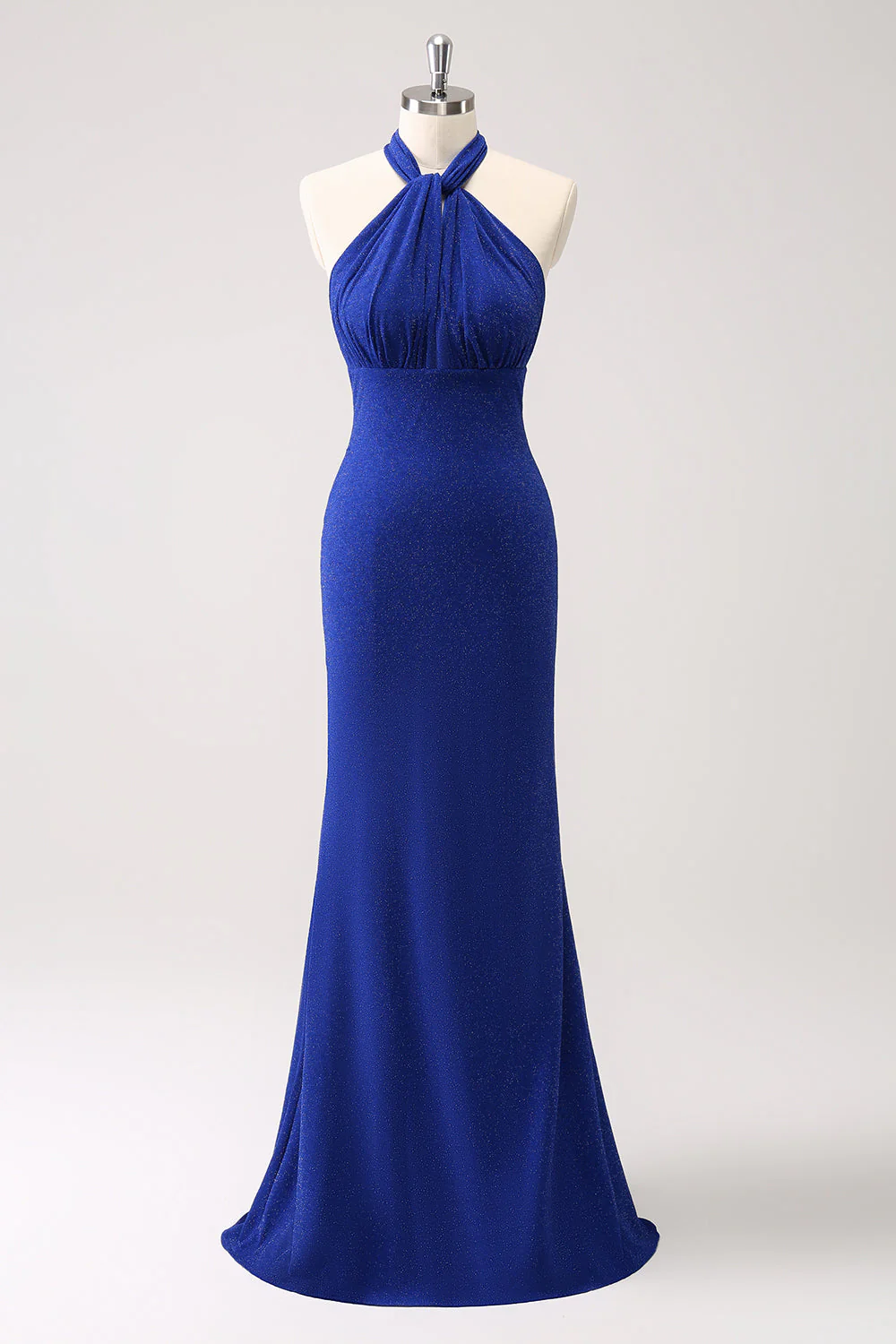 Glitter Blue Halter Bodycon Mermaid Bridesmaid Dress - JUORTHO