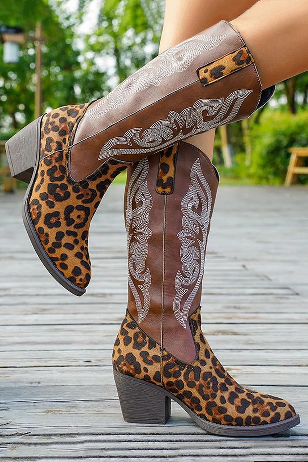 Brown Leopard Wide Calf Western Cowgirl Pointed Toe Chunky Heel Boots - JUORTHO