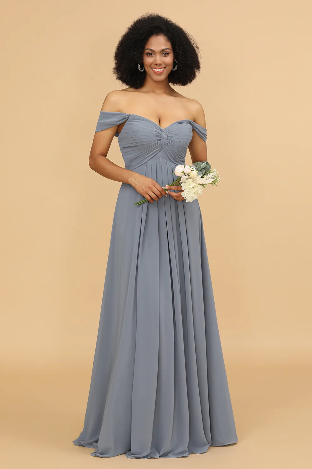 Off The Shoulder Grey Blue Bridesmaid Dress - JUORTHO