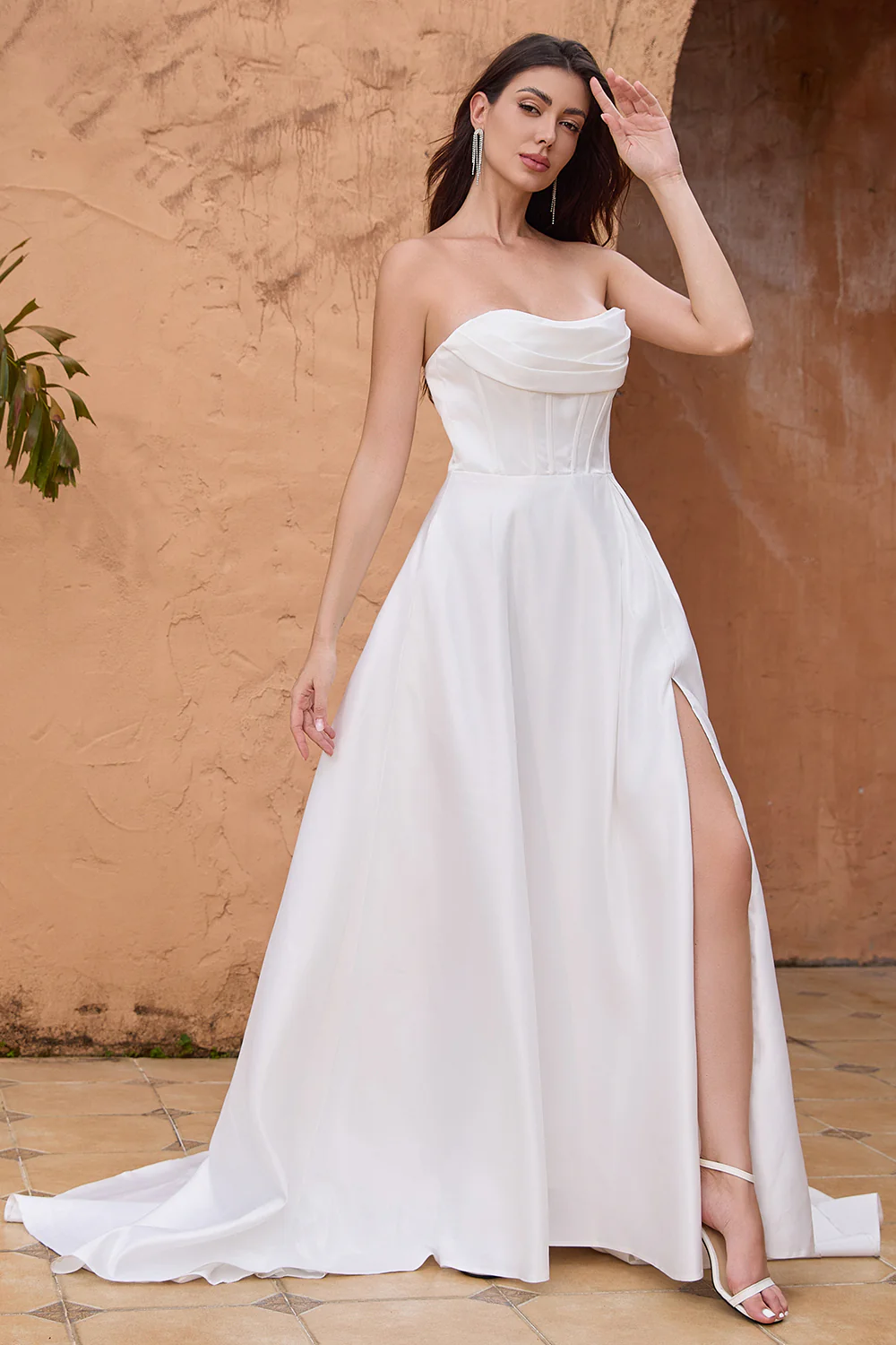 Elegant White A Line Strapless Pleated Corset Wedding Dress With Slit - JUORTHO