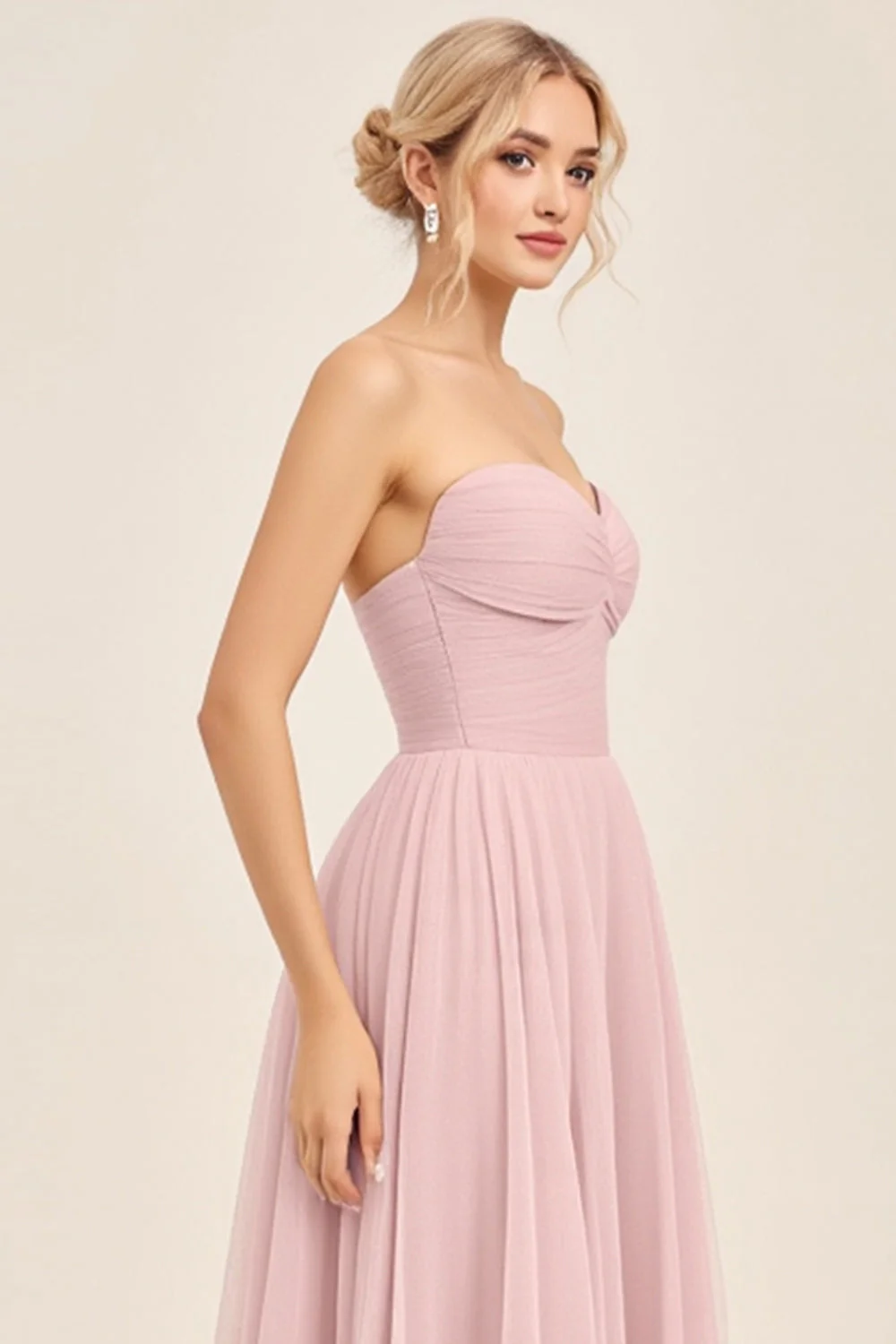 Candy Pink A Line Ruhced Sweetheart Long Bridesmaid Dress - JUORTHO