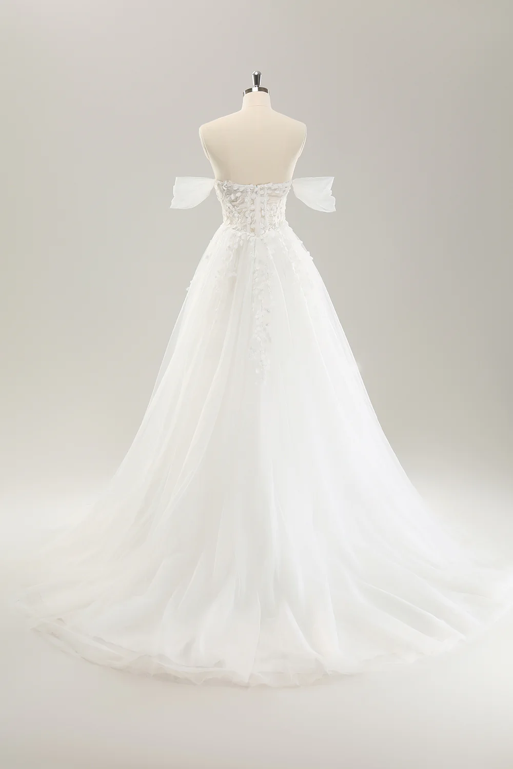 Princess Off The Shoulder Sweep Train Tulle Corset Wedding Dress with Appliques - JUORTHO