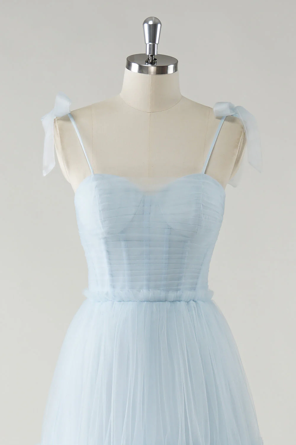 A-Line Bow Tie Straps Sky Blue Tulle Long Bridesmaid Dress - JUORTHO