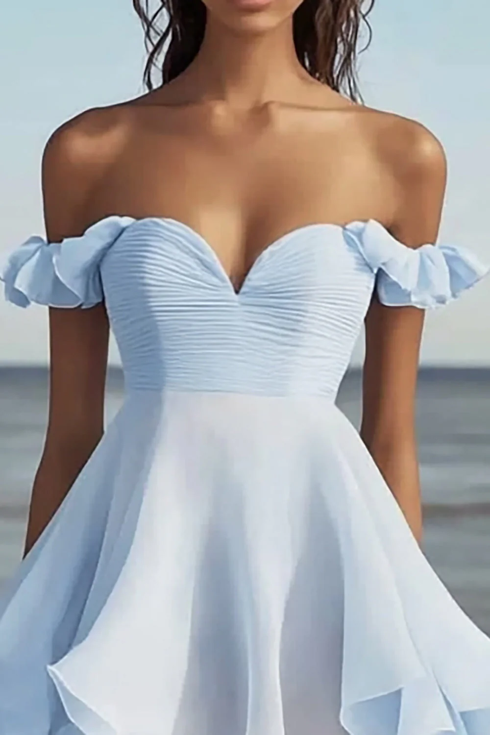 Sky Blue Chiffon Sweetheart A Line Short Graduation Dress with Ruffles - JUORTHO