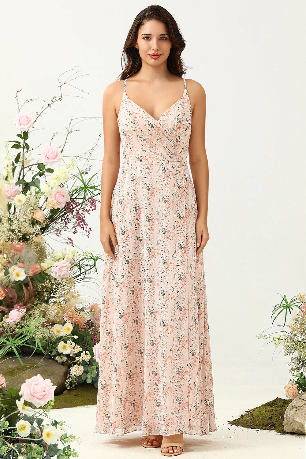 Blush Floral Chiffon Long Bridesmaid Dress with Slit - JUORTHO