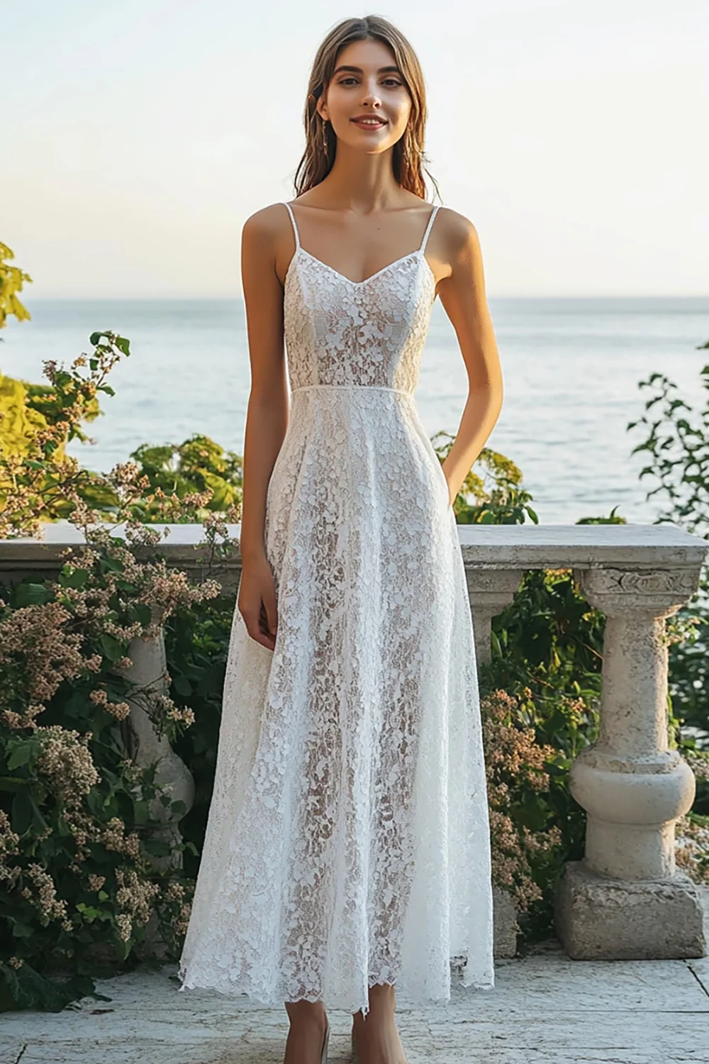 Lace Beach Ivory A Line Maxi Engagement Dress - JUORTHO
