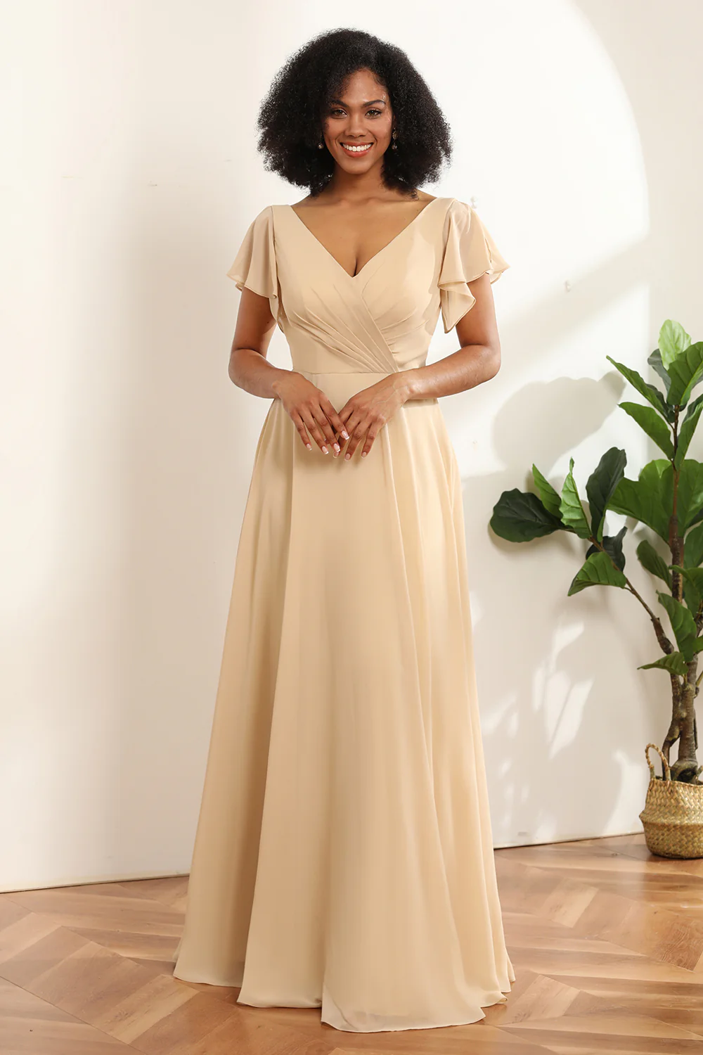 A-Line Champagne Chiffon Bridesmaid Dress - JUORTHO