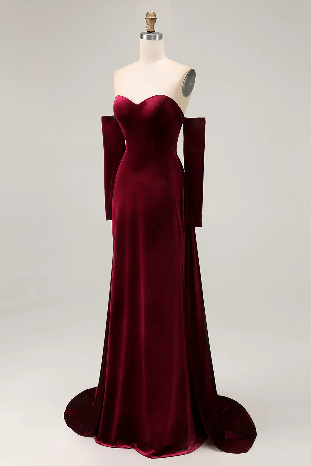 Dark Red Velvet Off the Shoulder A Line Long Evening Dress with Sleeves - JUORTHO