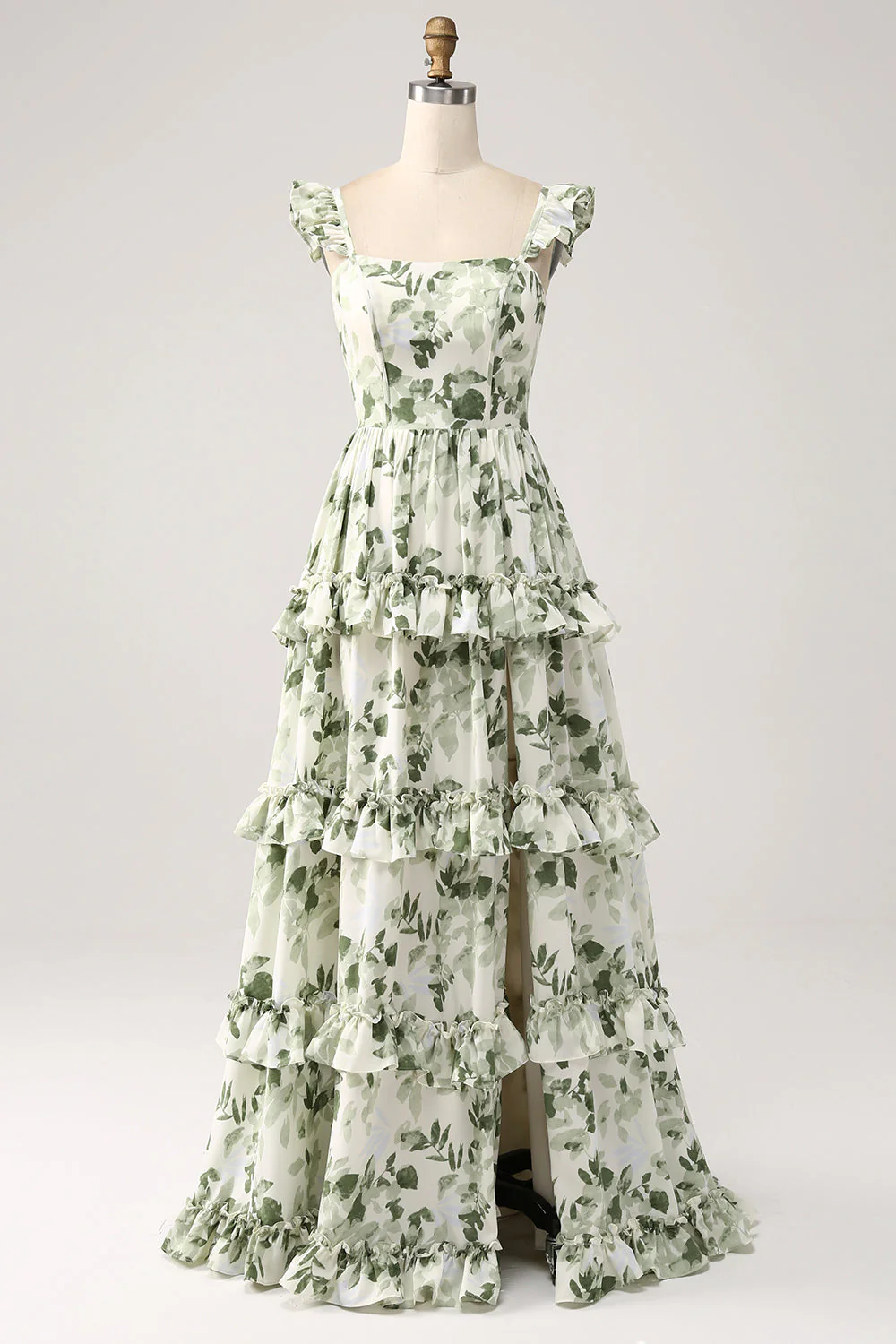 Green Floral Ruffles Tiered Prom Dress with Slit - JUORTHO