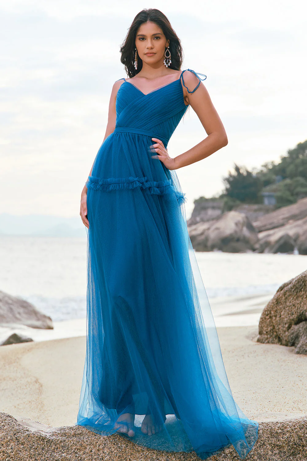 Dark Blue A-Line Spaghetti Straps Pleated Long Bridesmaid Dress - JUORTHO