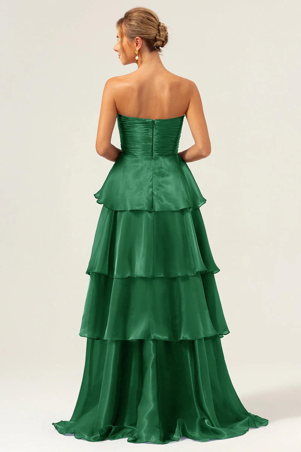 Dark Navy A Line Strapless Tiered Satin Long Bridesmaid Dress - JUORTHO