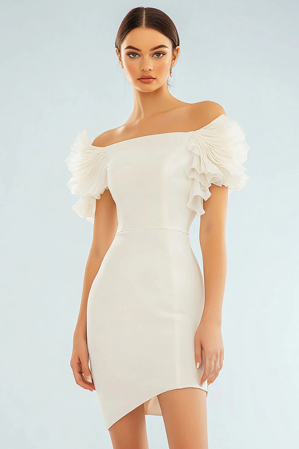 Ivory Bodycon Off the Shoulder Satin Short Graduation Dress with Ruffles - JUORTHO