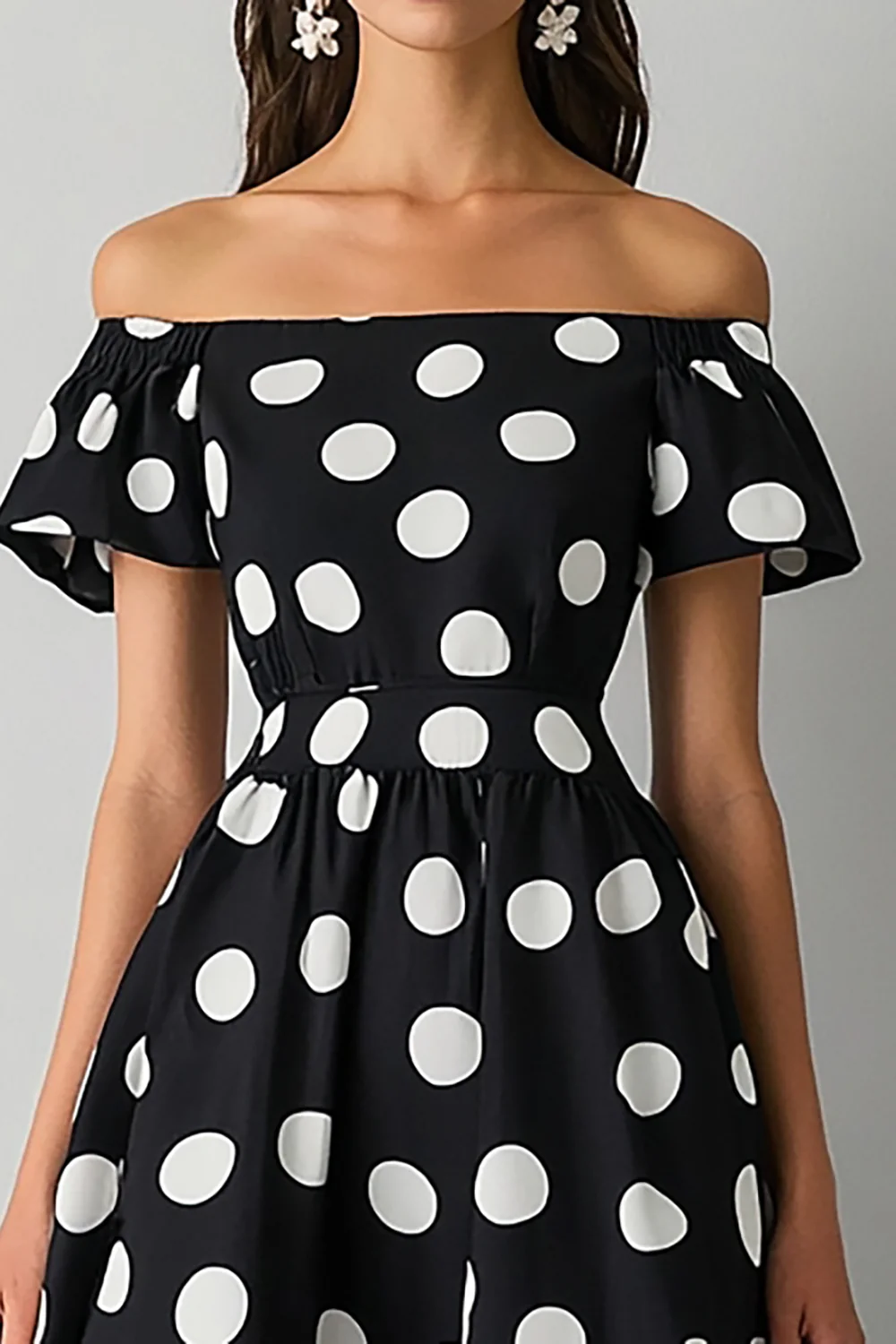 Satin A Line Off the Shoulder Boho Black and White Maxi Polka Dot Dress - JUORTHO