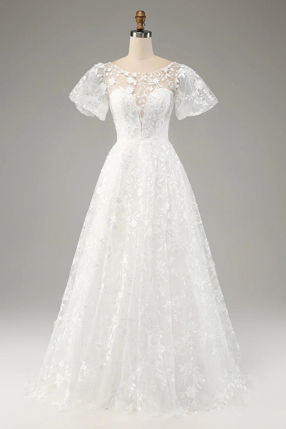 Ivory A-Line Puff Sleeves Wedding Dress with Appliques - JUORTHO