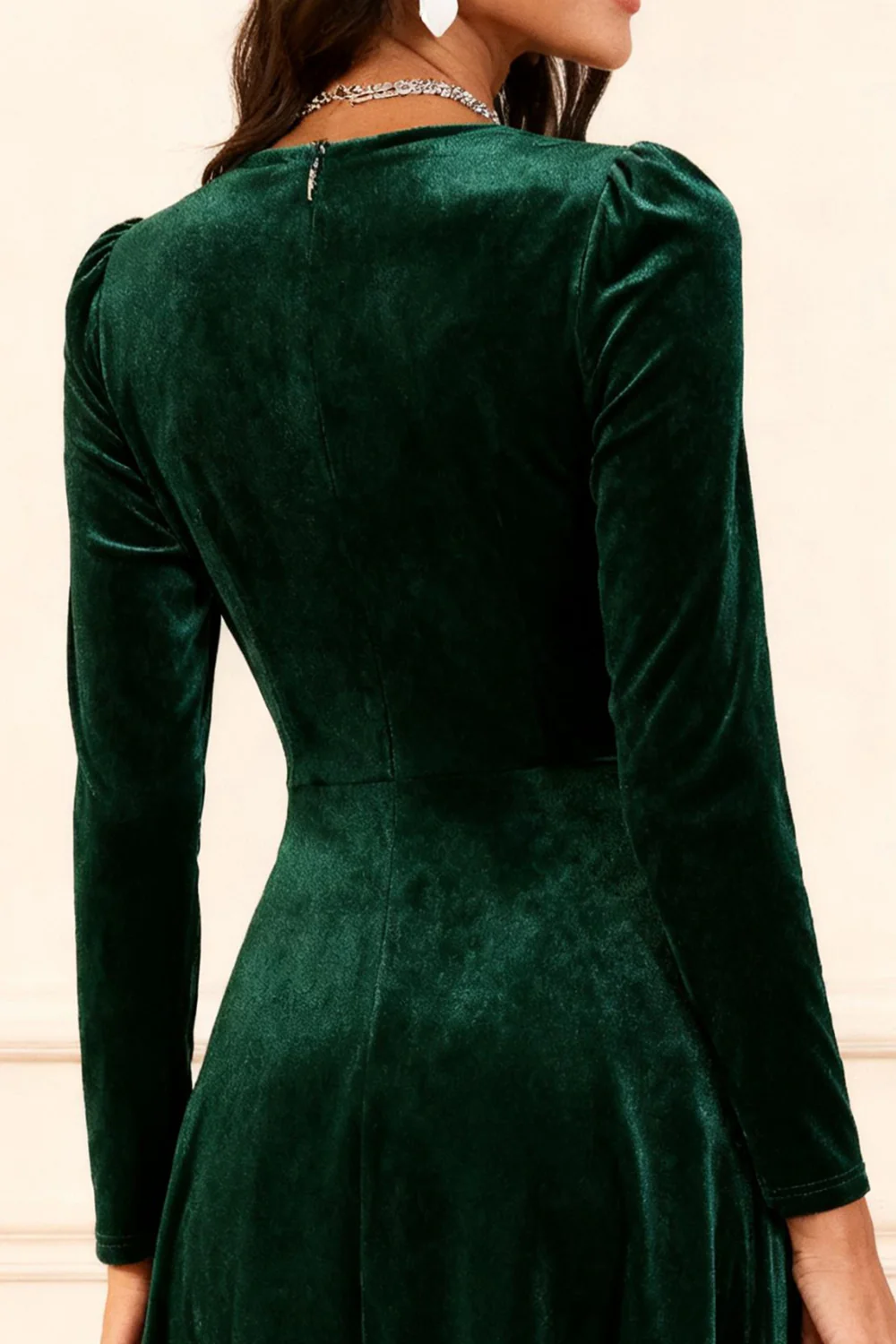 Dark Green A Line Velvet Midi Glitter Holiday Party Dress with Sleeves - JUORTHO