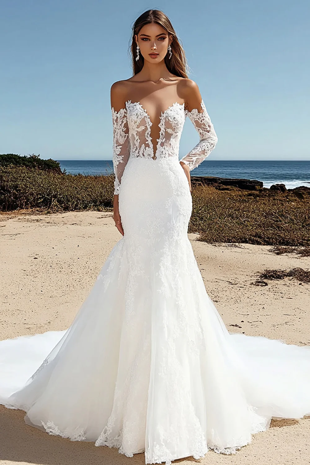 Lace Tulle Ivory Off the Shoulder Mermaid Wedding Dress - JUORTHO